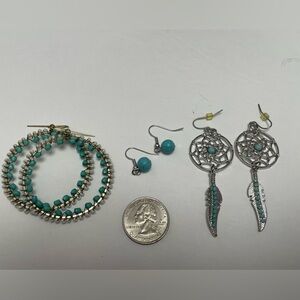 3 pair of dangle earrings and one bracelet faux turquoise